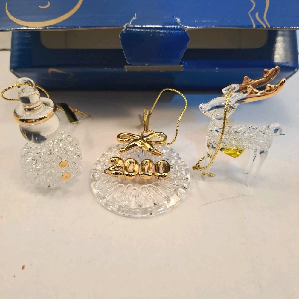 Vintage Avon 2000 Glass Christmas Ornament Set 3pc Clear Gold Hanging Holiday